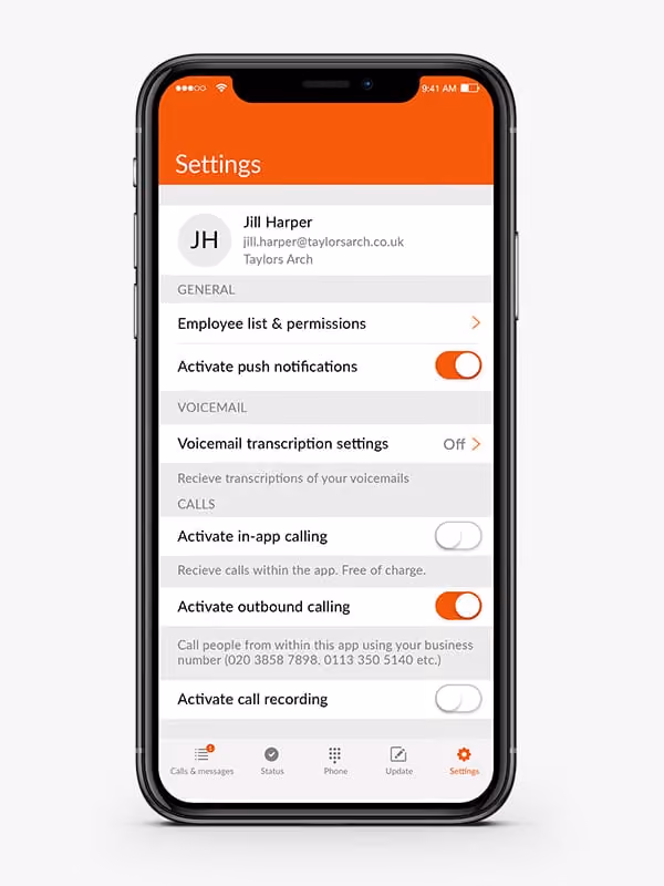 Smartphone screen showing an app's Settings menu with user Jill Harper's profile at the top, email, and company Taylor's Arch. Settings include toggles for push notifications (on), voicemail transcription (off), in-app calling (off), outbound calling (on), and call recording (off). Sections labeled General, Voicemail, and Calls provide options and descriptive text about app call features and voicemail transcriptions. Navigation icons for Calls & messages, Status, Phone, Update, and Settings are at the bottom.