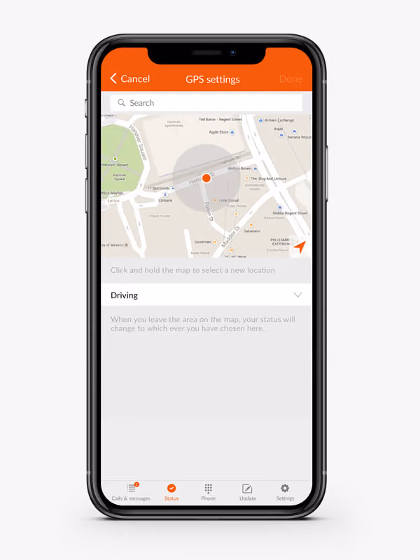 Smartphone screen showing GPS settings with a map highlighting a location in central London and an option set to Driving, informing users their status will change when leaving the mapped area.