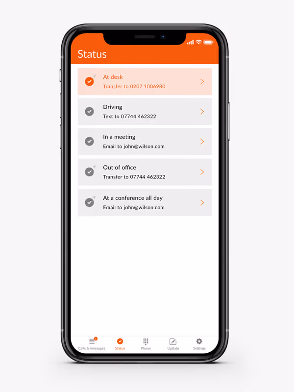 Phone screen showing status options like at desk active, driving, in meeting, out of office, and at a conference.