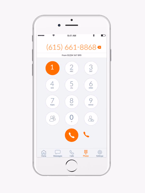 iPhone screen showing dialer with number (615) 661-8868 entered and orange call button.