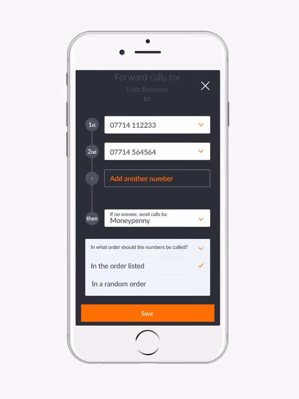 Smartphone displaying a call forwarding setup screen for Matt Bateman with two listed phone numbers, an option to add another number, a setting to forward calls to 'Moneypenny' if no answer, and a choice to call numbers in listed or random order, with a Save button at the bottom.