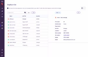Employee list screen showing columns for name, job title, and location with employees from Liverpool and London. Sidebar includes icons for Dashboard, Employee list, and others. A panel on the right details selected employee Jill Pepper's contact information and role as Support Staff with email and phone number.