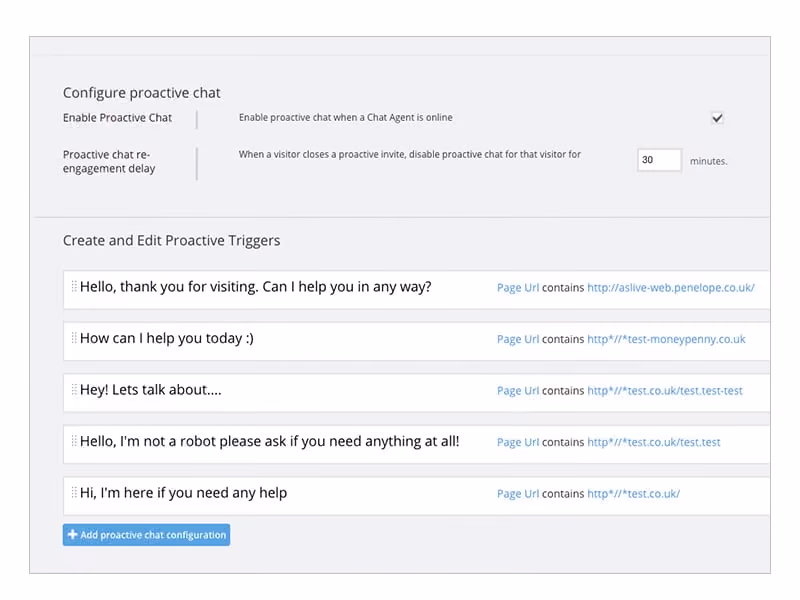 Interface to configure proactive chat with options and editable proactive chat trigger messages list.
