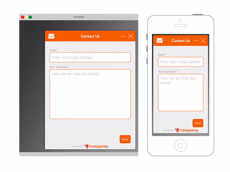 Two digital contact us forms with orange headers and buttons, one displayed on a browser window and the other on a mobile phone screen, each with fields for email address and question, plus a send button.