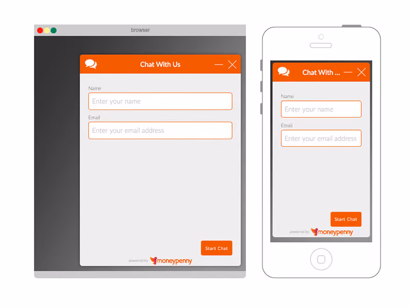 Screenshot of an online chat widget interface displayed in a browser window and a mobile phone. Both versions show a form asking for Name and Email with input fields and an orange 'Start Chat' button, branded with the Moneypenny logo at the bottom.