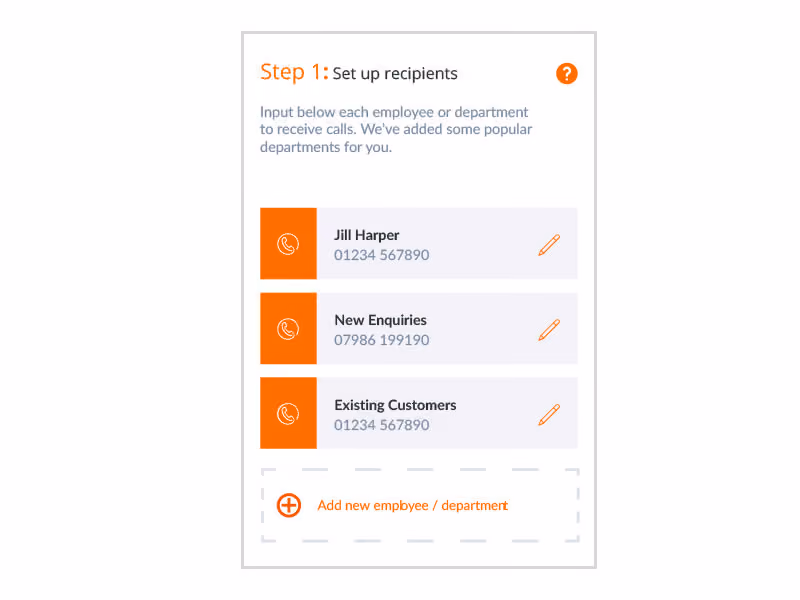 User interface showing step 1 to set up call recipients with three entries: Jill Harper with phone 01234 567890, New Enquiries with phone 07986 199190, and Existing Customers with phone 01234 567890, each with an orange phone icon and edit pencil, plus an option to add new employee or department.