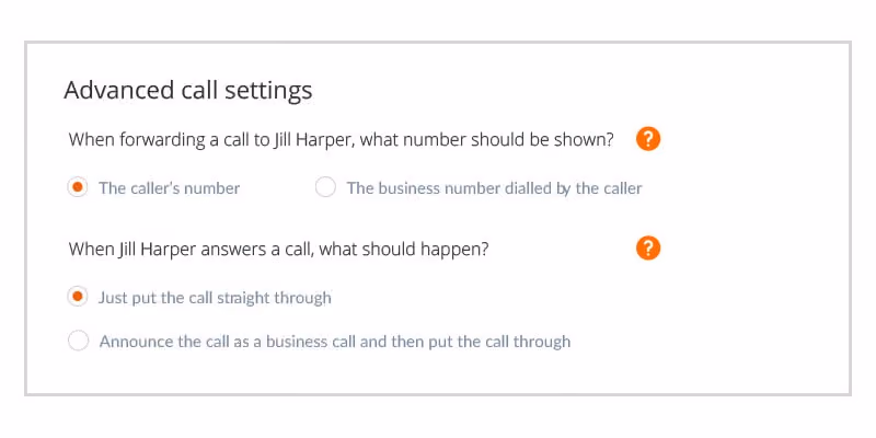 Advanced call settings with options to show caller’s number or business number and how Jill Harper handles calls.