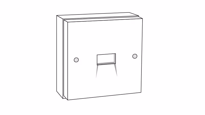 Line drawing of a simple rectangular wall plate with one central rectangular cutout and two screw holes.