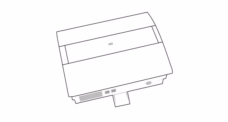 Simple black and white line drawing of a rectangular device, likely an electronic component, viewed at an angle, with a protruding tab on one side and small rectangles indicating ports or buttons.