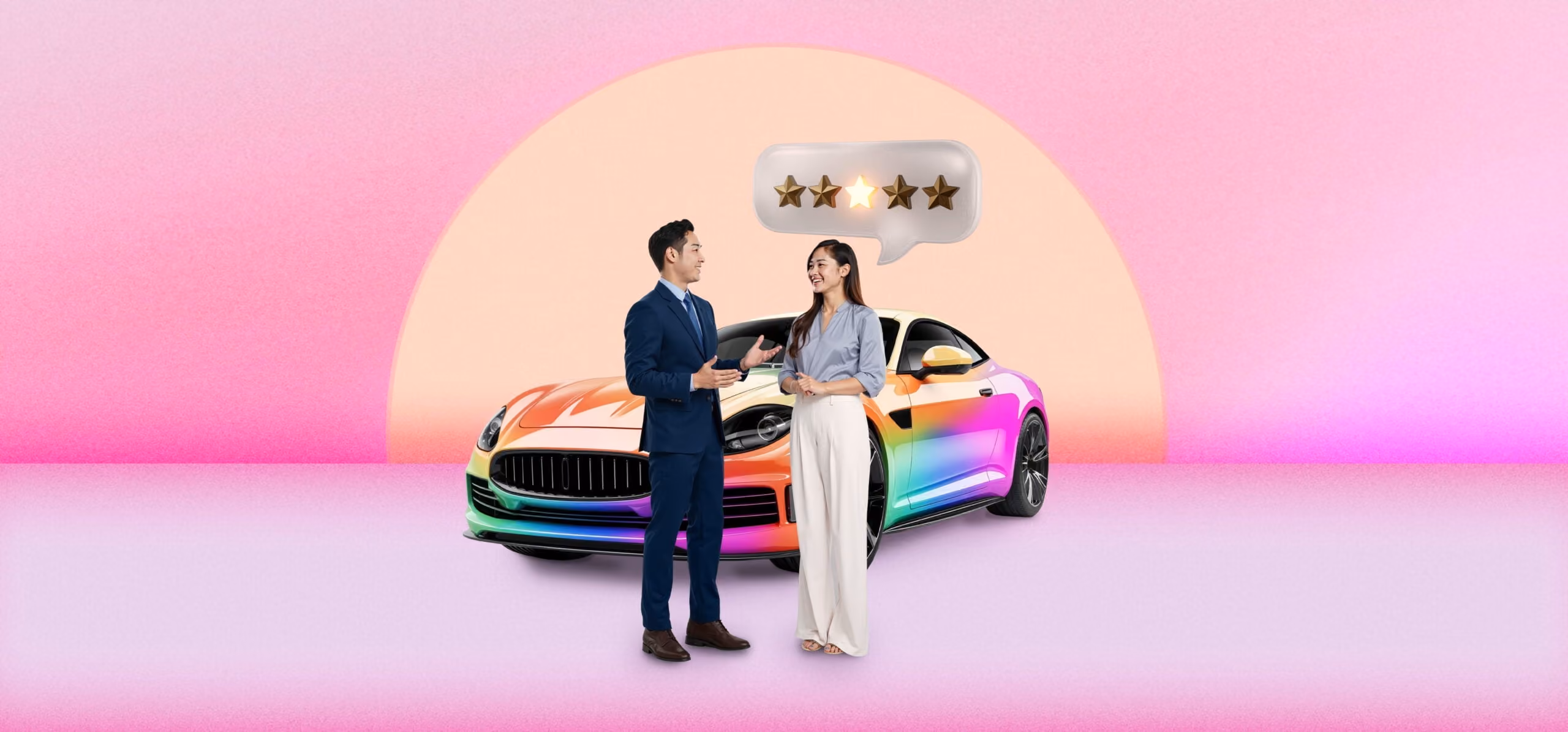 Man in suit and woman talking in front of a rainbow-colored car with a 3-star rating bubble.