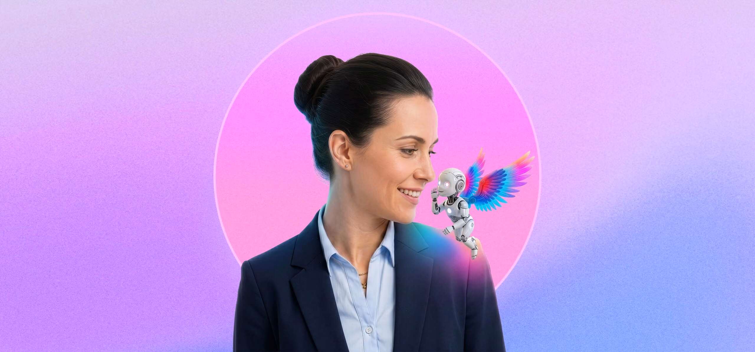 Woman in suit smiling at a small flying robot with colorful wings on her shoulder against purple background.