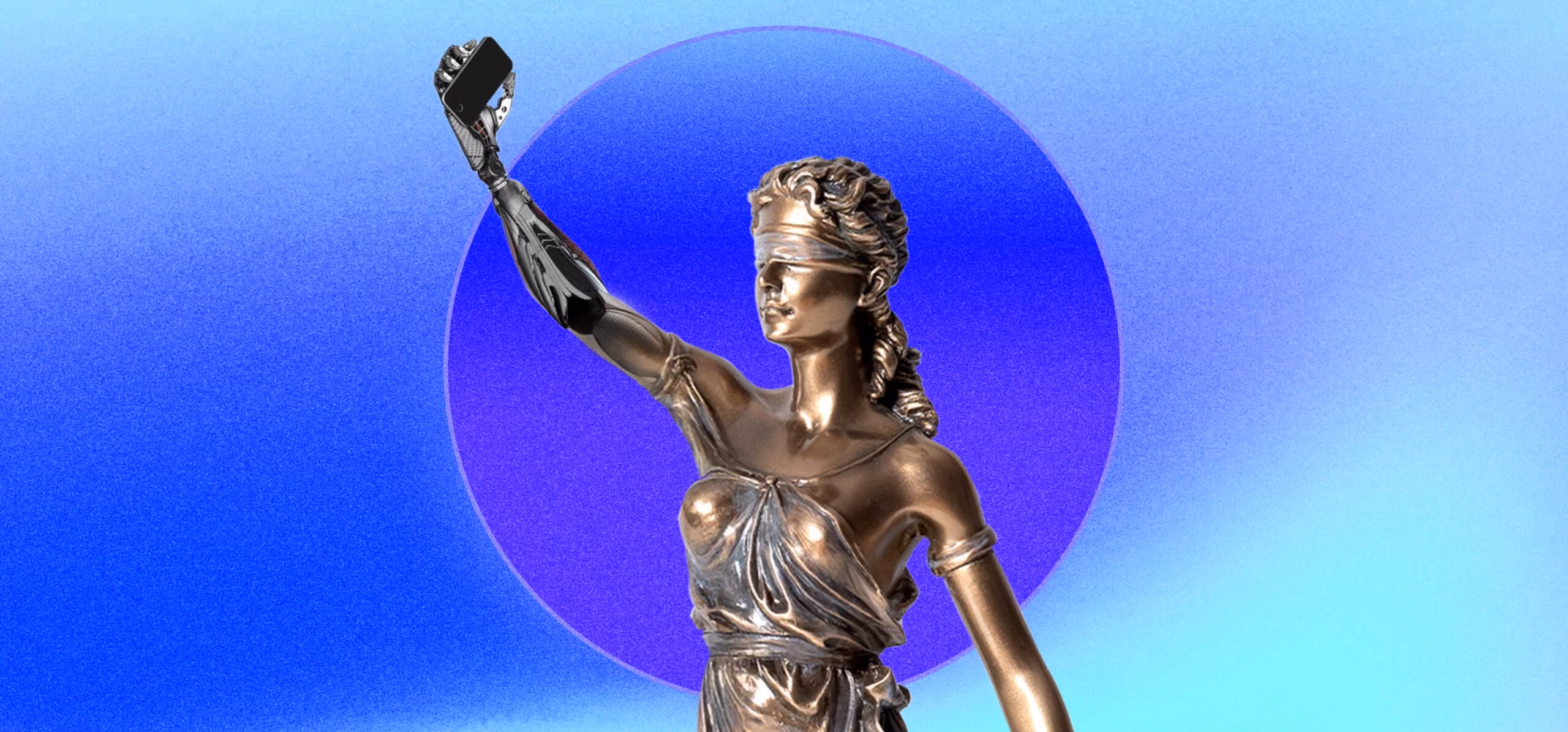 Statue of blindfolded Lady Justice with robotic arm holding a smartphone against blue gradient background.
