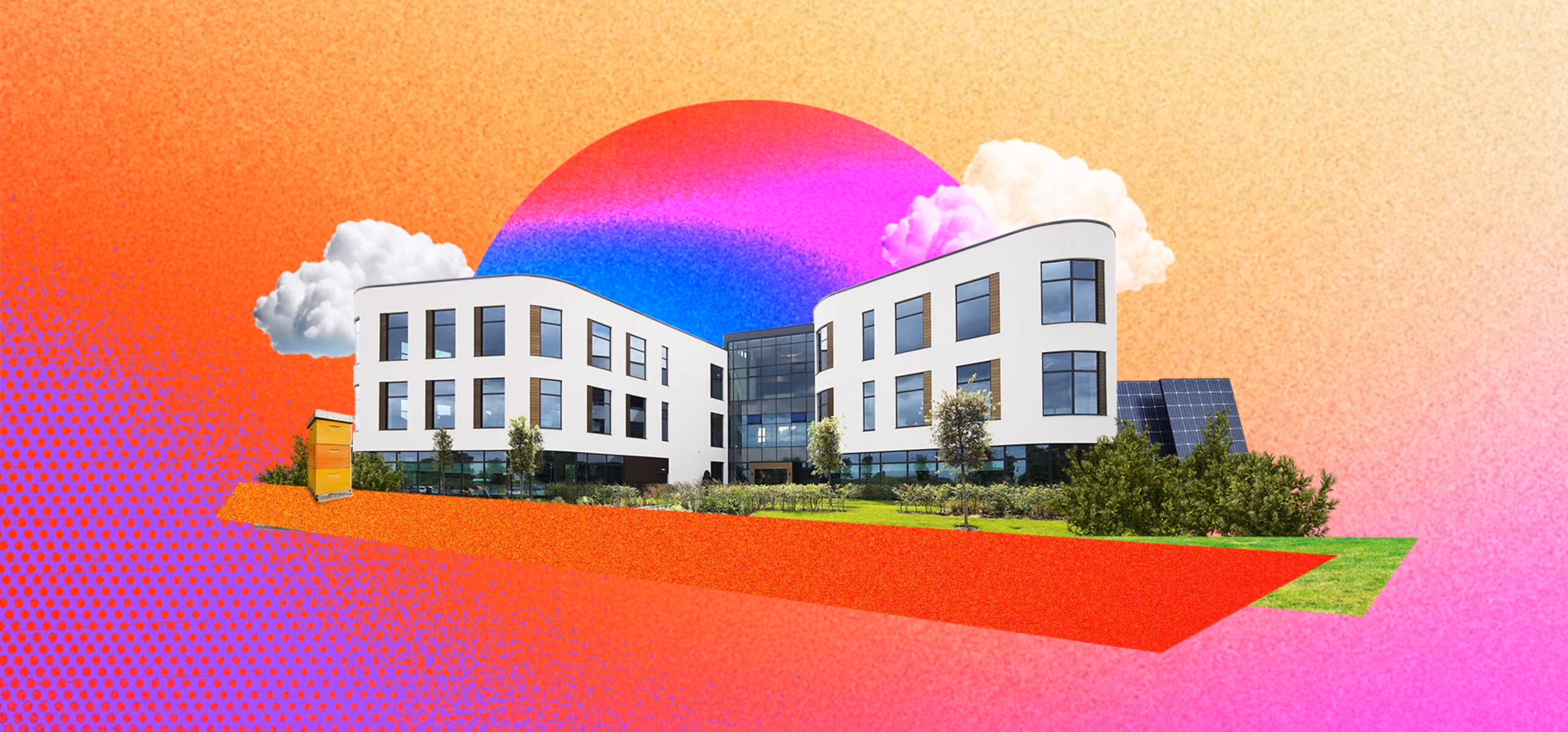 Modern white curved office building with trees, solar panels, and colorful gradient background with clouds.