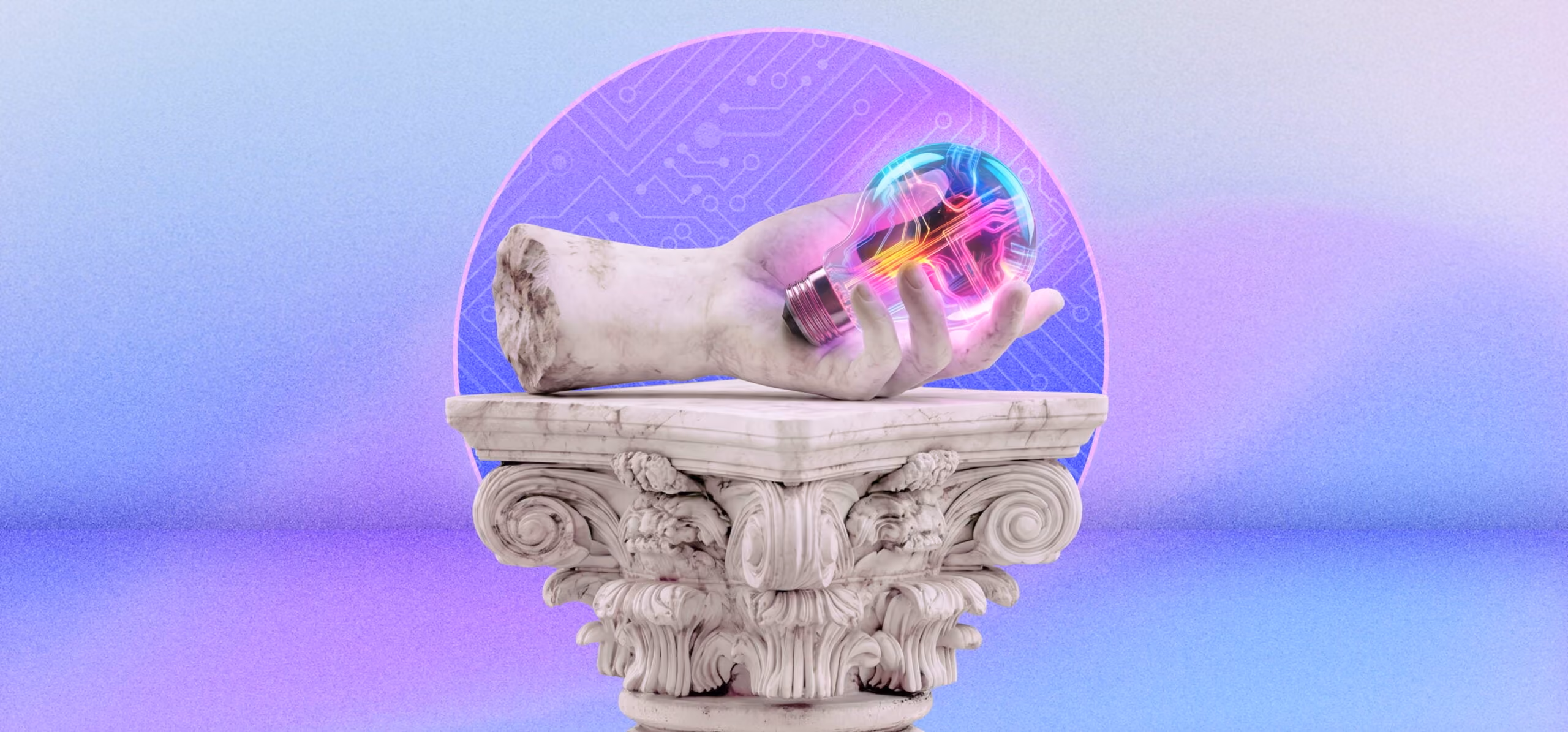 Marble hand sculpture on ornate column holding a glowing light bulb with circuit patterns.