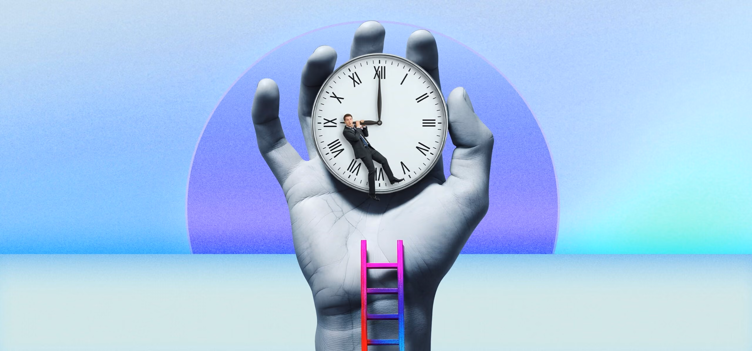 Man in a suit hanging on the minute hand of a large clock held by a giant hand with a small ladder.