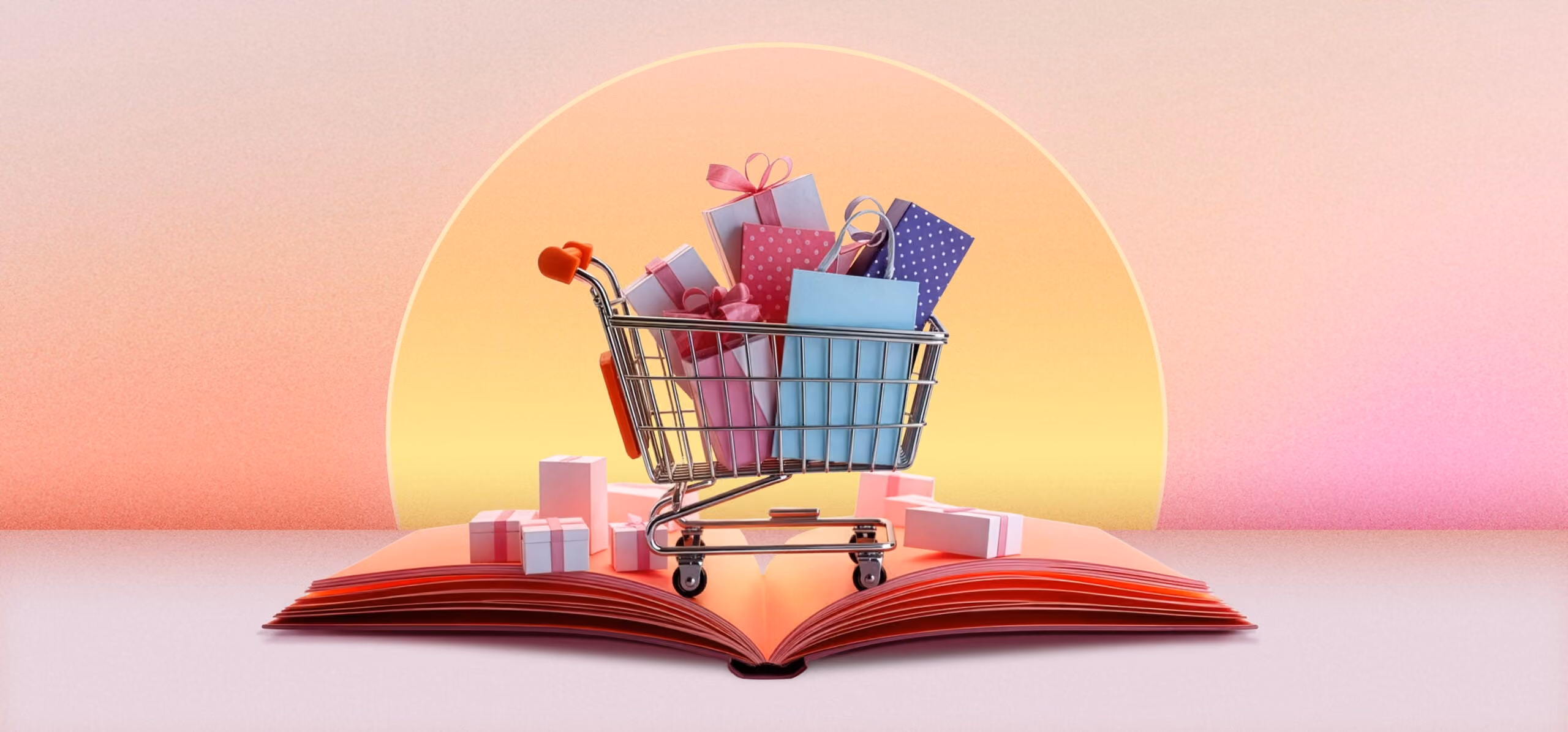 Shopping cart filled with gift boxes on an open book with a glowing circular backdrop.