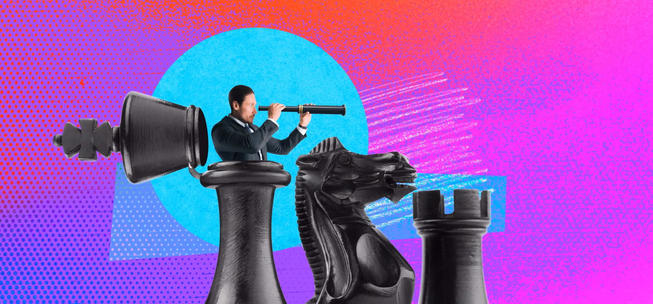 Man in suit looking through telescope while standing inside a black chess king piece.