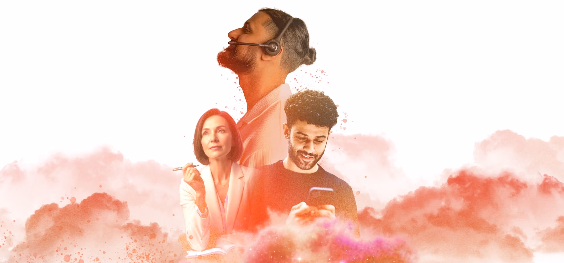 Collage of three diverse people: a man with headset, a woman holding pencil, and a man using a smartphone.