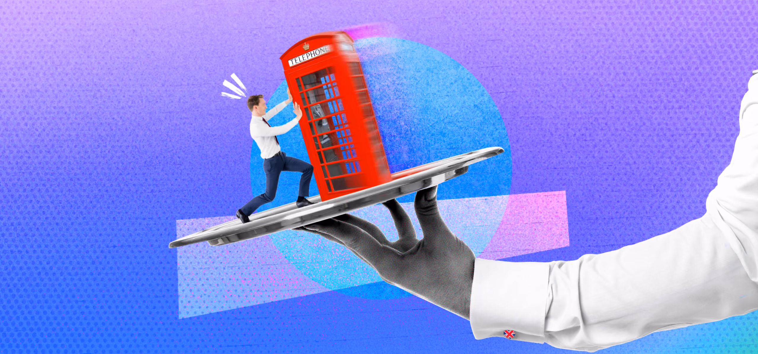 Man in shirt and tie pushing a classic red UK telephone booth on a silver tray held by a gloved hand.