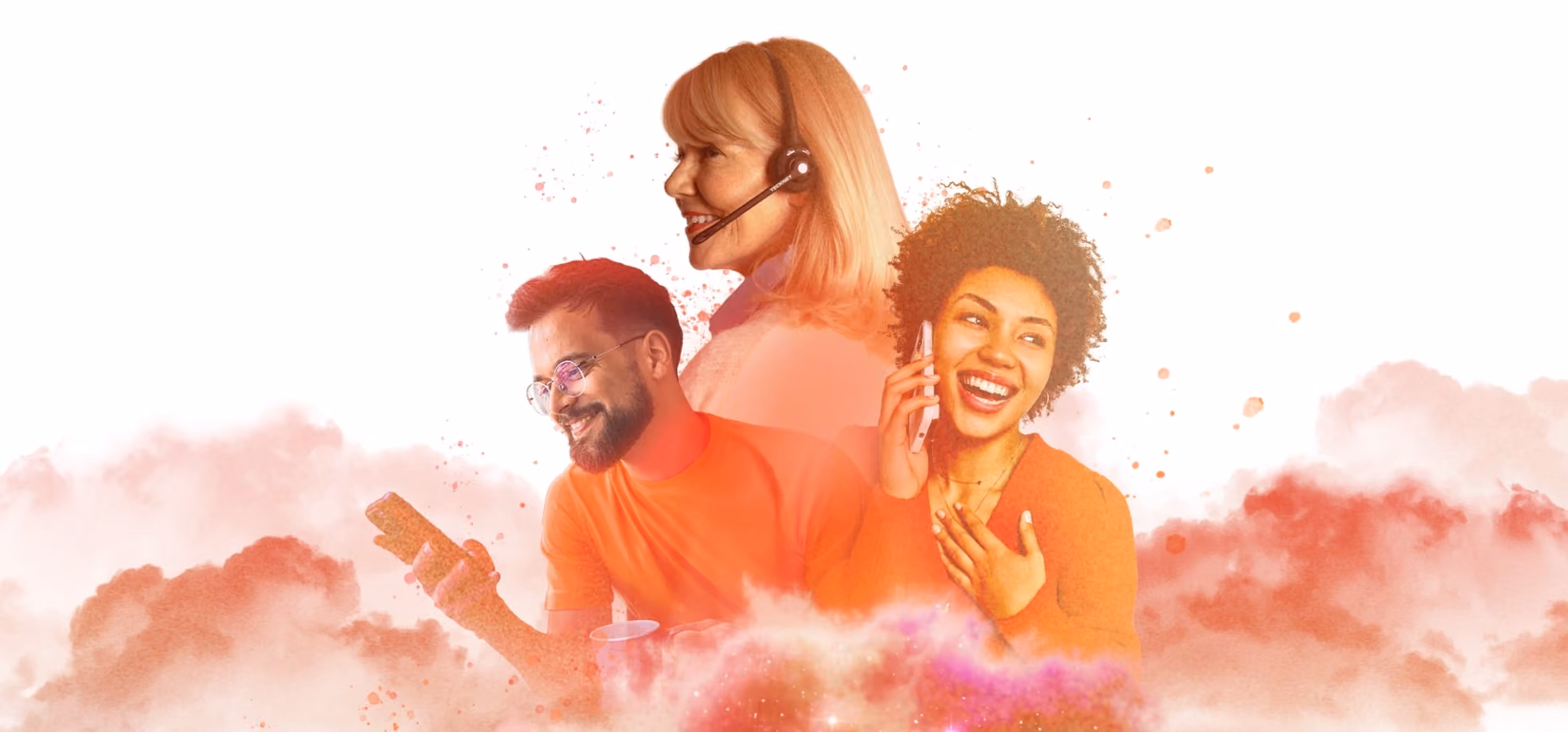 Three people smiling: a woman with headset, a man with phone, and a woman laughing on a call.