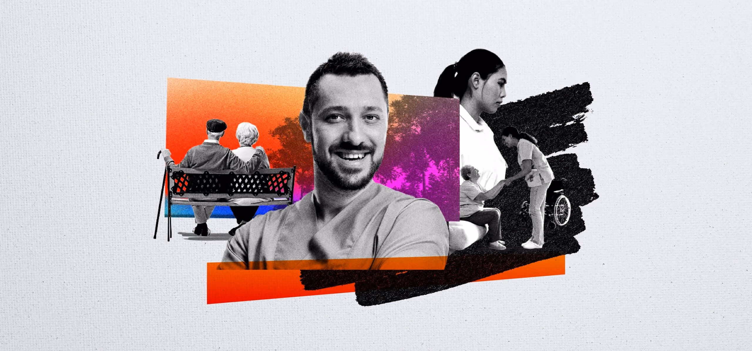 Collage featuring a smiling healthcare worker, elderly couple on a bench, and caregiver assisting an elderly woman.