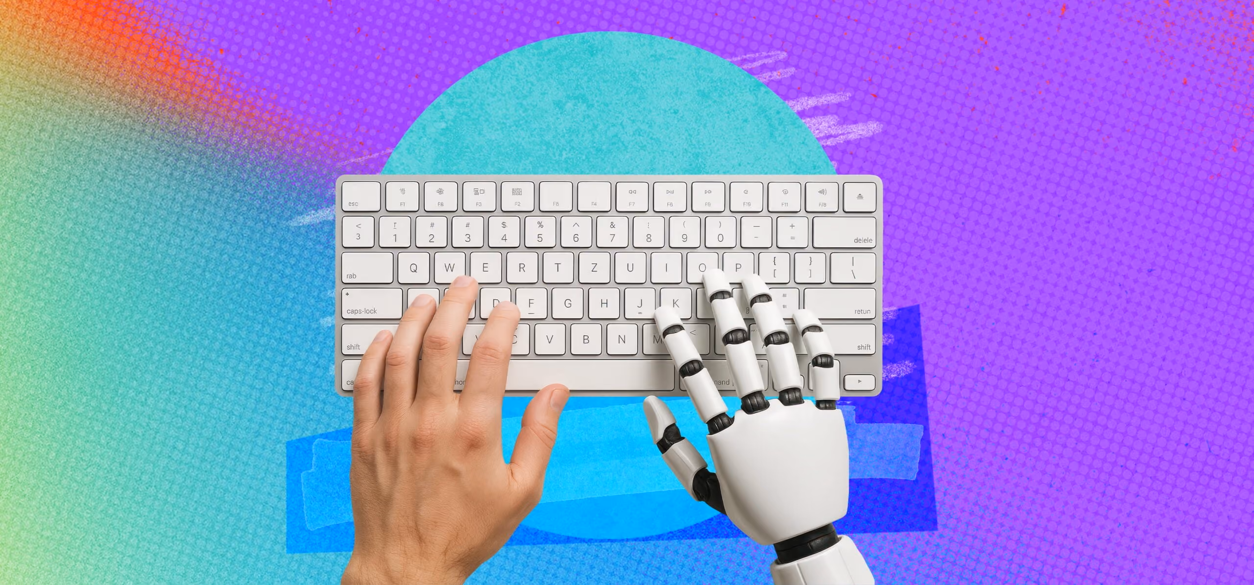 Human hand and robot hand typing together on a white keyboard with colorful background.