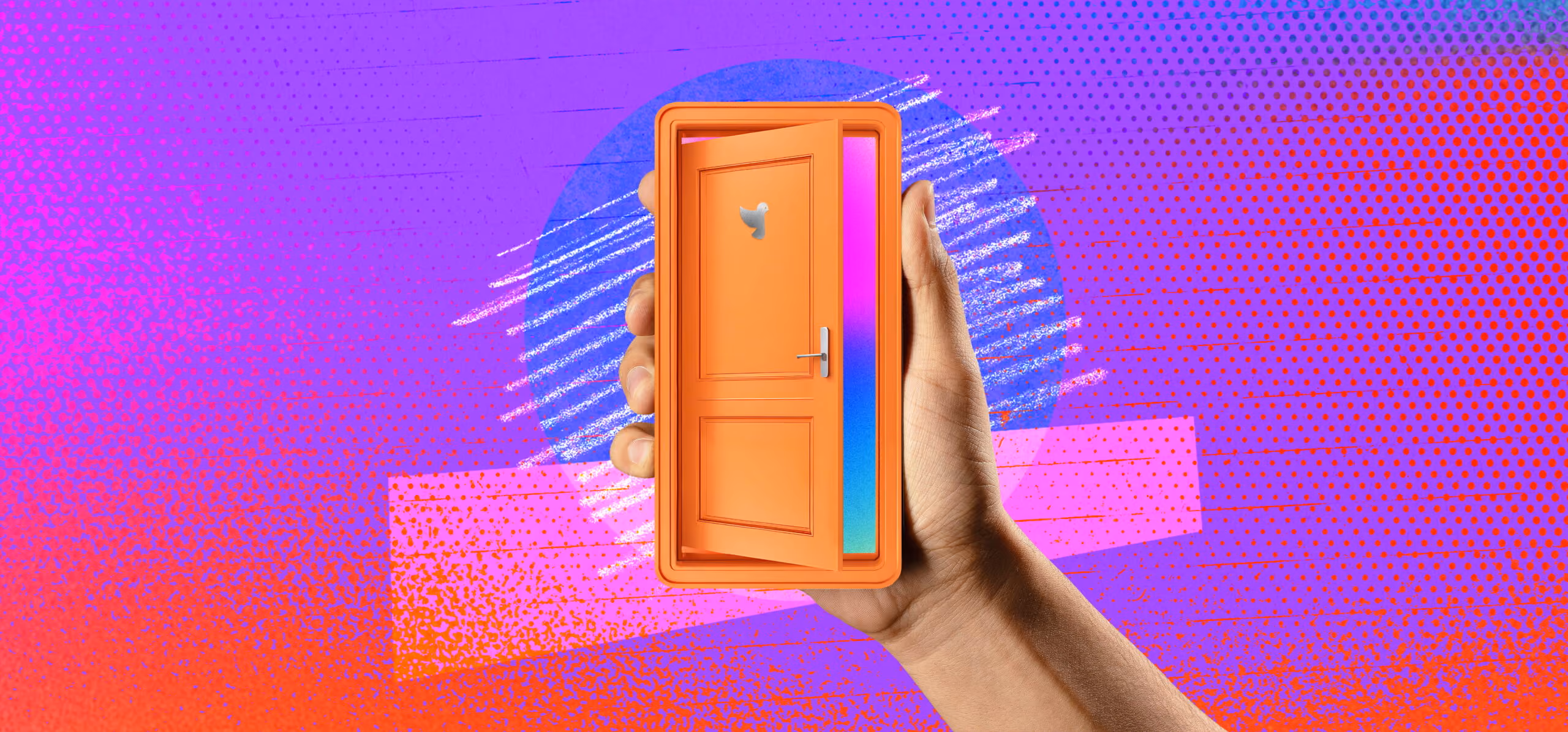 Hand holding a phone with an orange door opening on the screen against a colorful purple and red background.