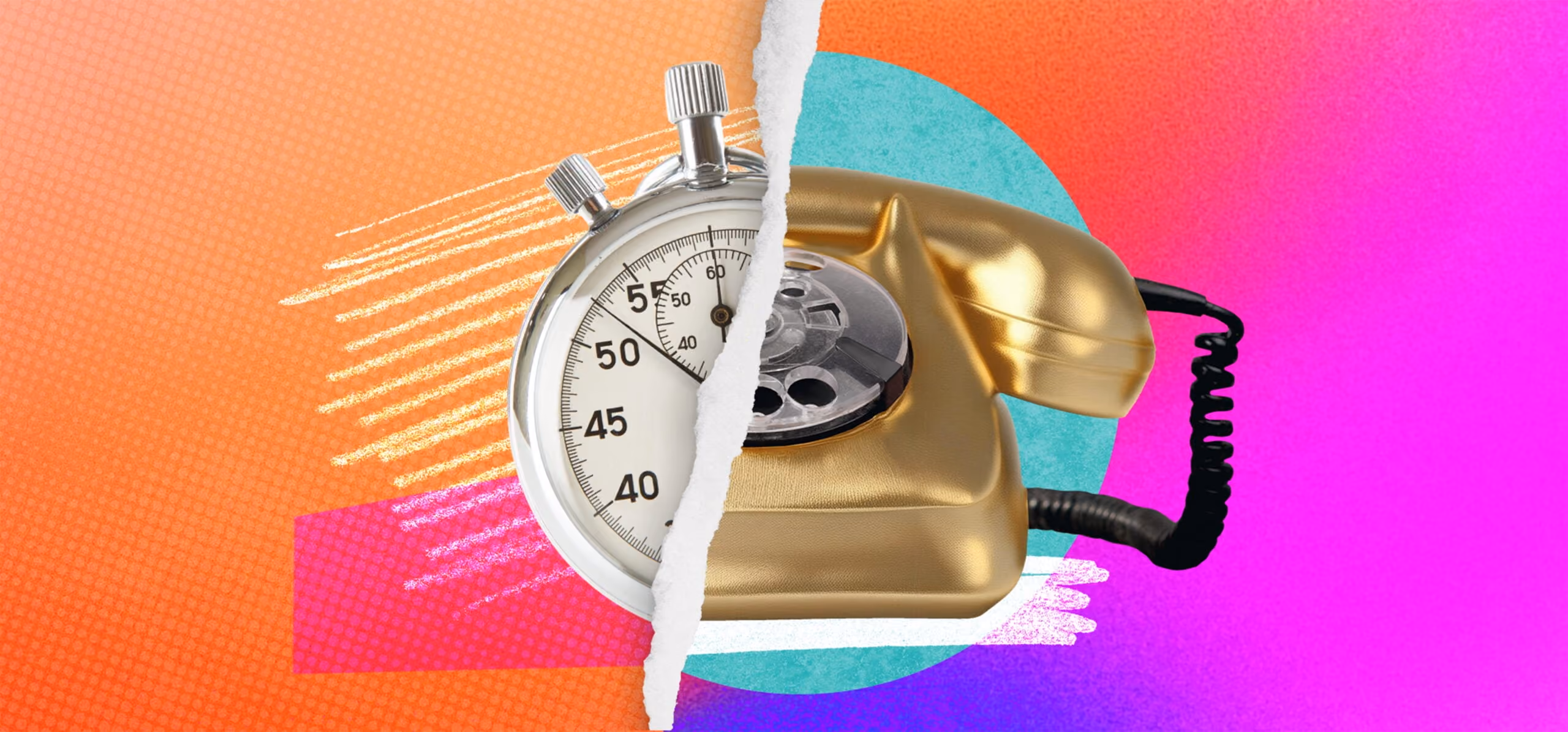 Collage of a stopwatch and a golden rotary phone on a colorful orange, pink, and blue background.
