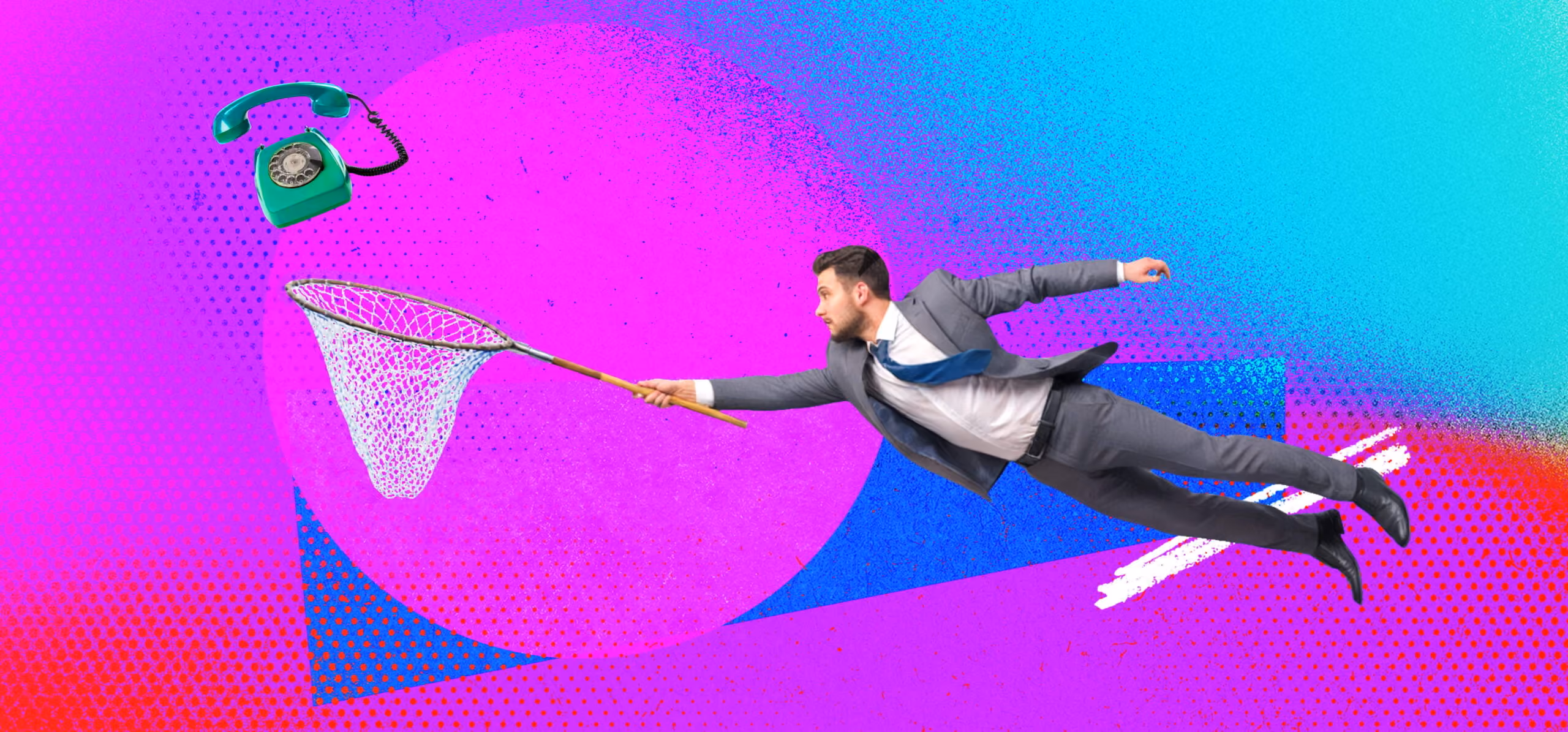 Businessman in suit lunging with net to catch a floating vintage green telephone receiver.