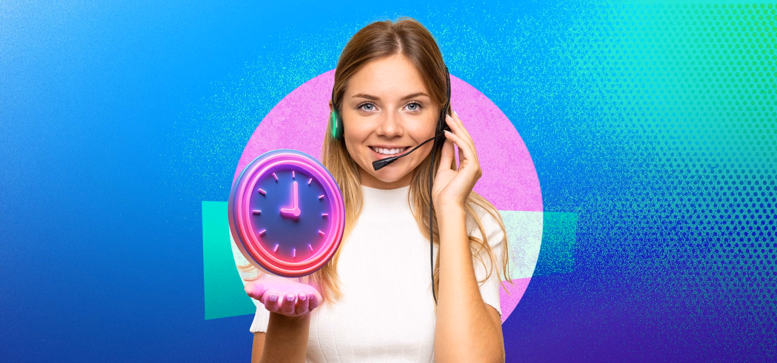 Smiling woman wearing headset holding a glowing clock with a colorful digital background.