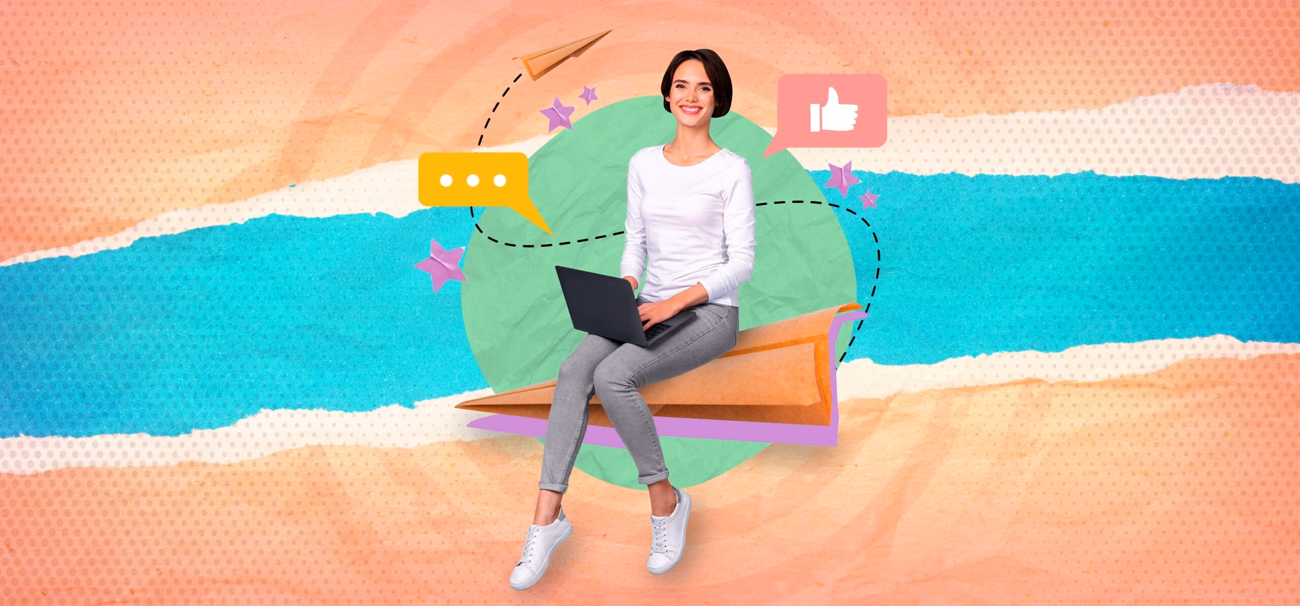 Smiling woman with laptop sits on a paper airplane with speech and like icons around her.