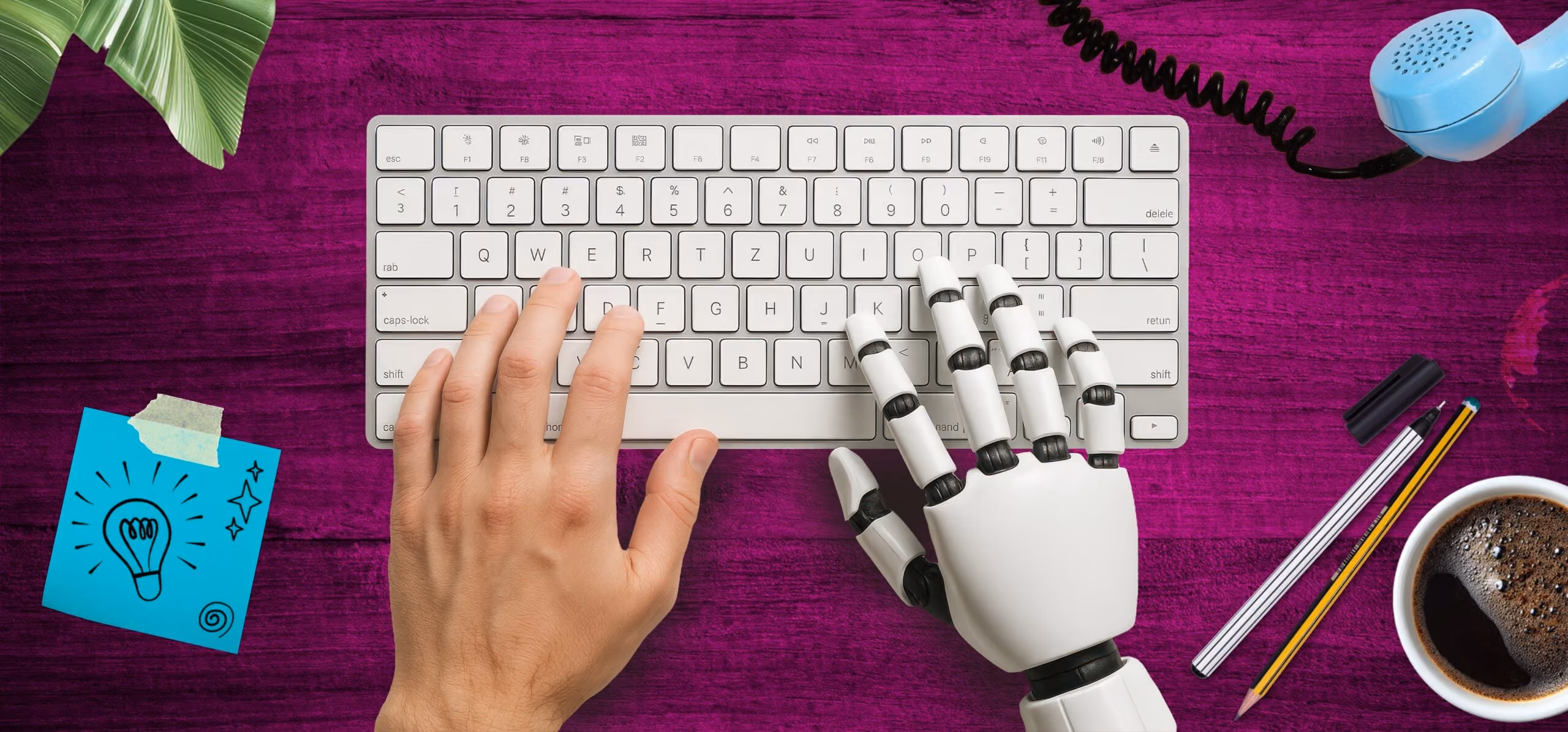 Human and robot hands typing together on a keyboard with coffee, pencil, pen, and blue sticky note nearby.