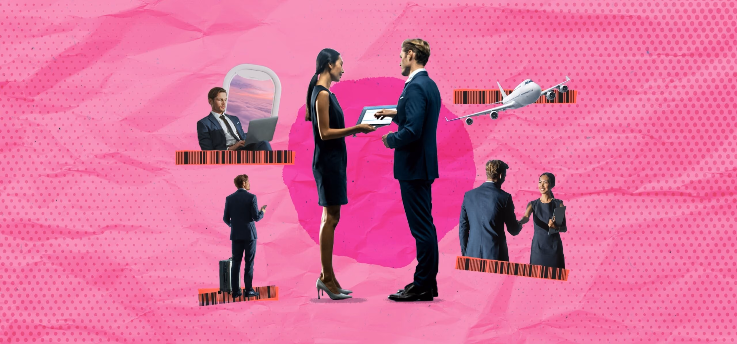 Businesspeople in suits working, shaking hands, and airplane with pink dotted background.