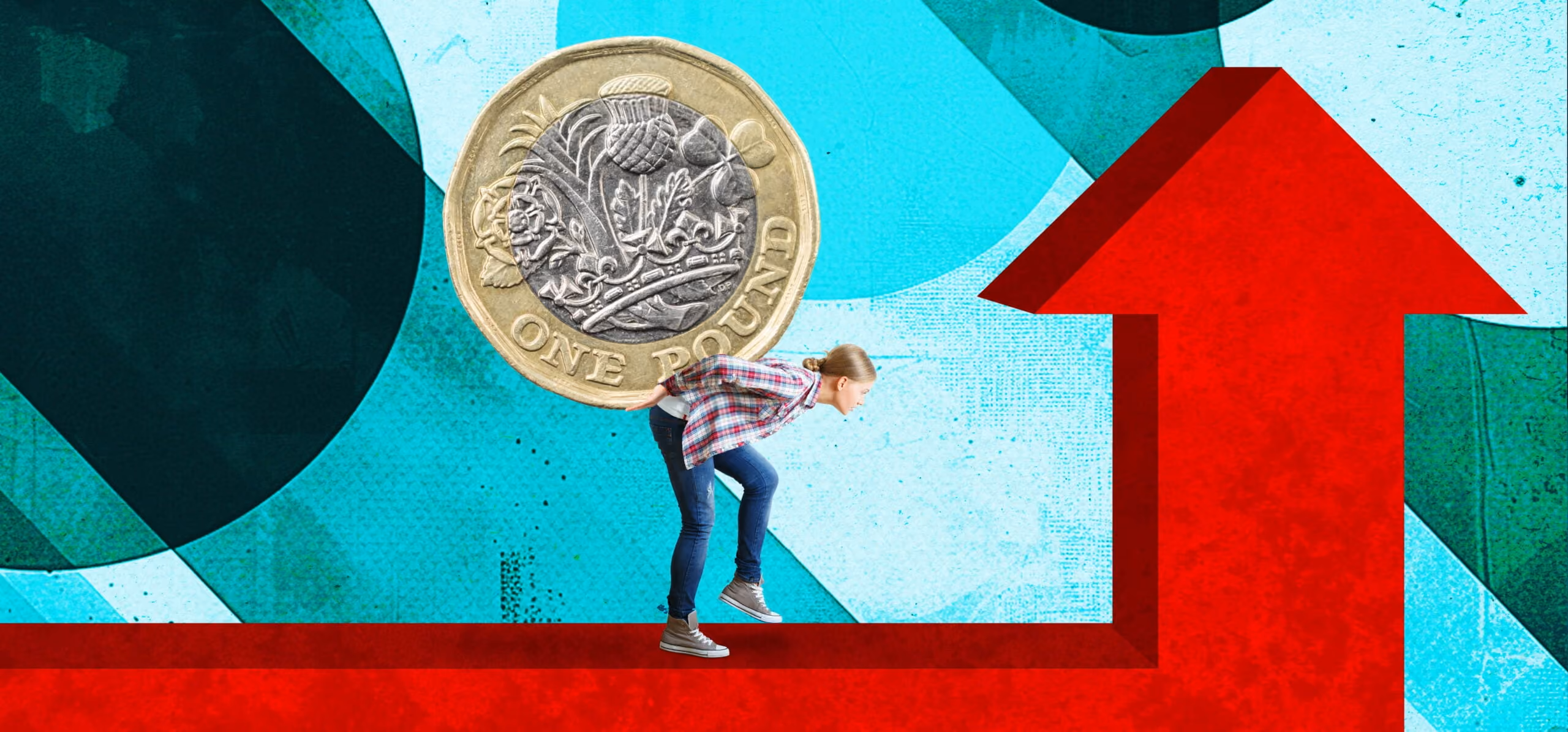 Person carrying a large one-pound coin on their back walking on a red upward arrow.
