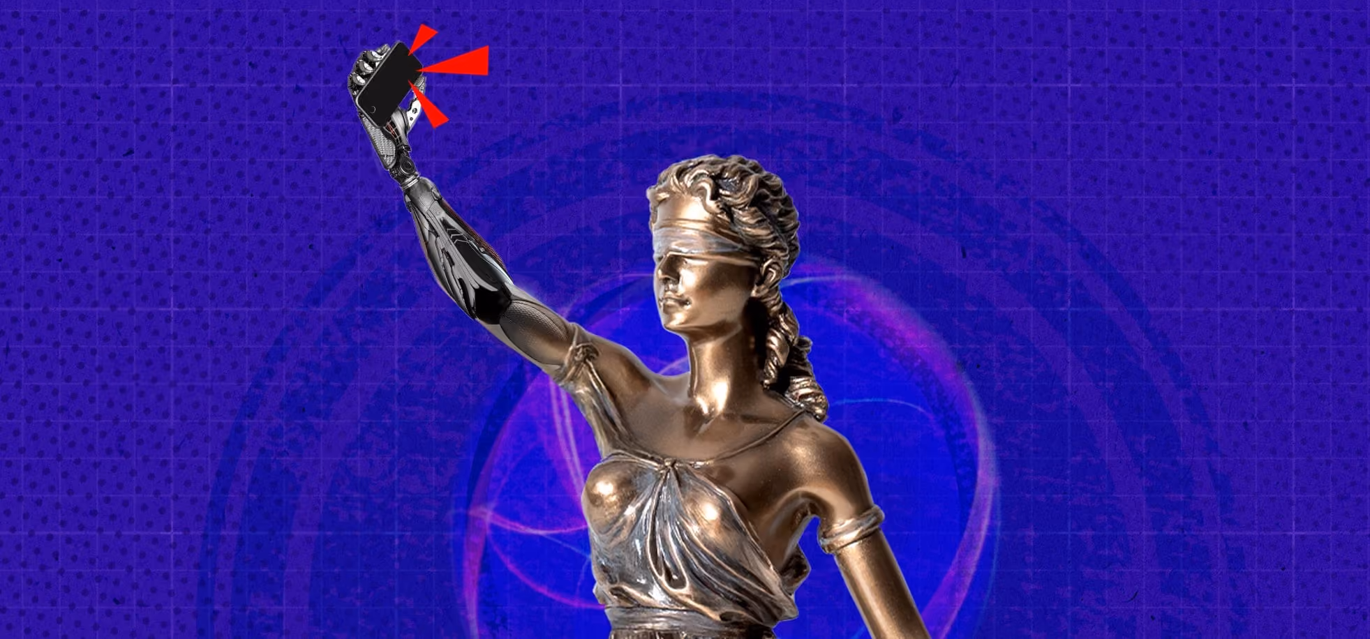 Blindfolded Lady Justice statue with a robotic arm holding a smartphone with red alert signals.