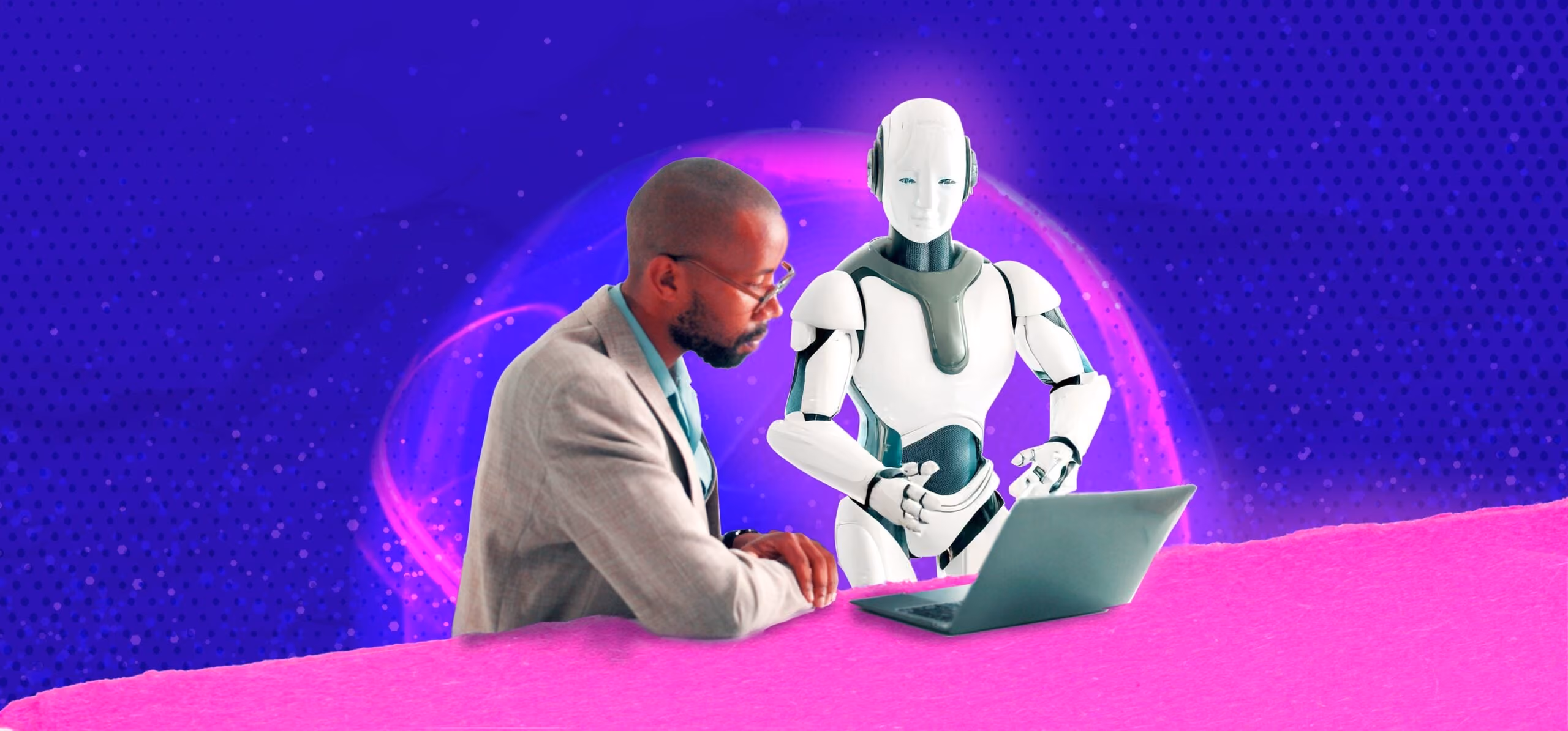 Man and white robot looking at a laptop against a vibrant purple and pink background.