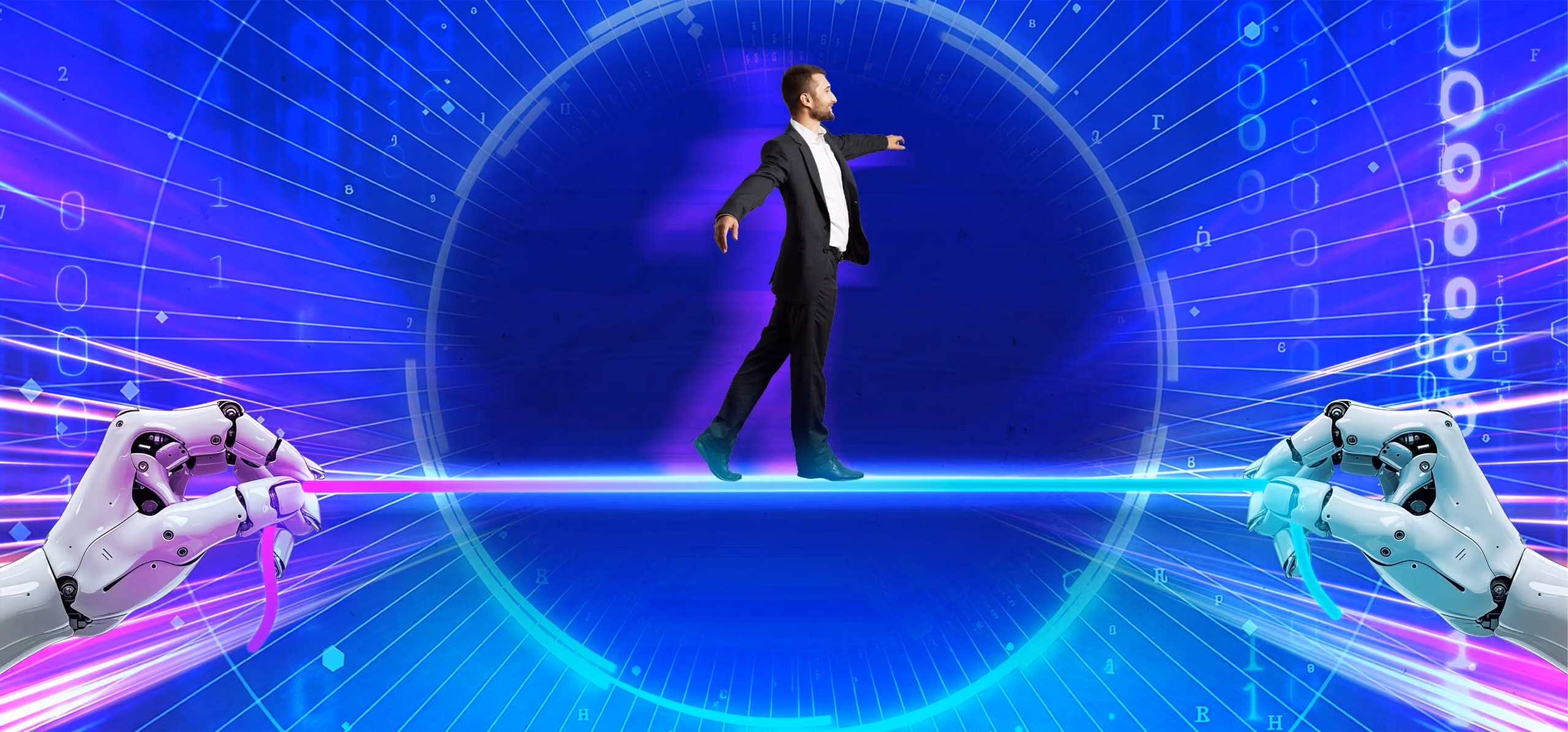 Robot hands holding a glowing line on which a man in a suit balances with arms outstretched.