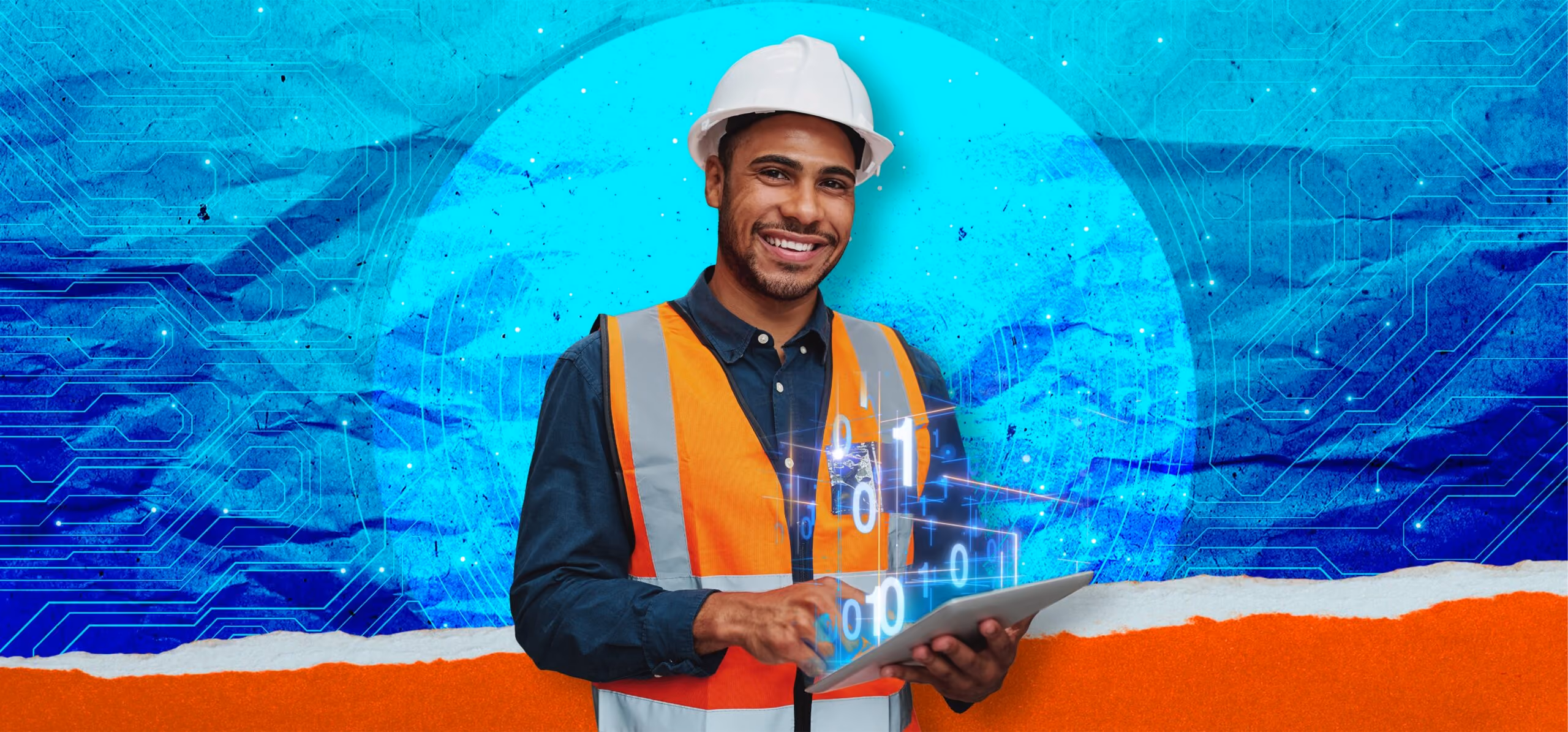 Smiling engineer in hard hat and vest holding a tablet with digital binary code overlays.