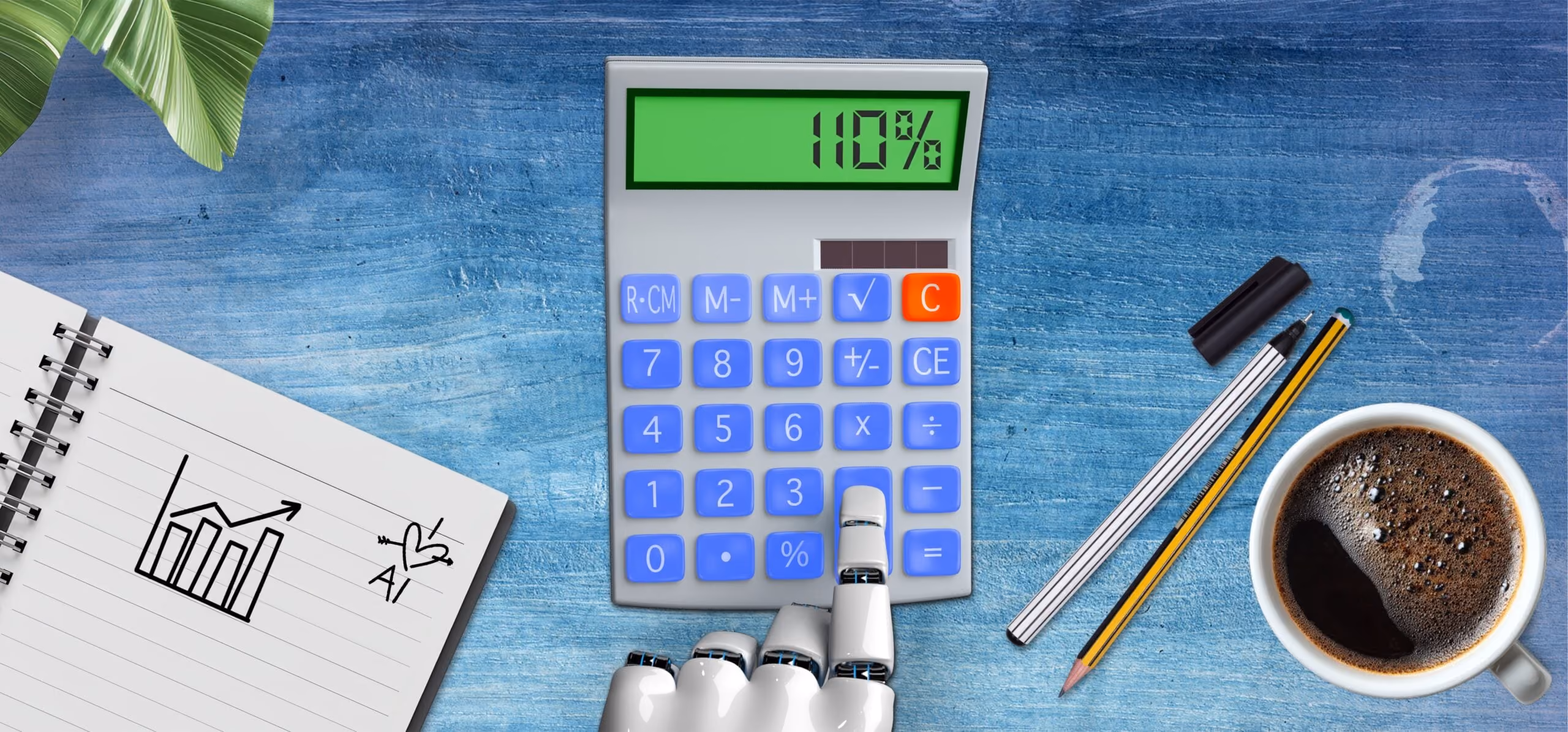 A robot hand presses '=' on a calculator showing 110%, next to a notebook, pencils, and a cup of coffee.