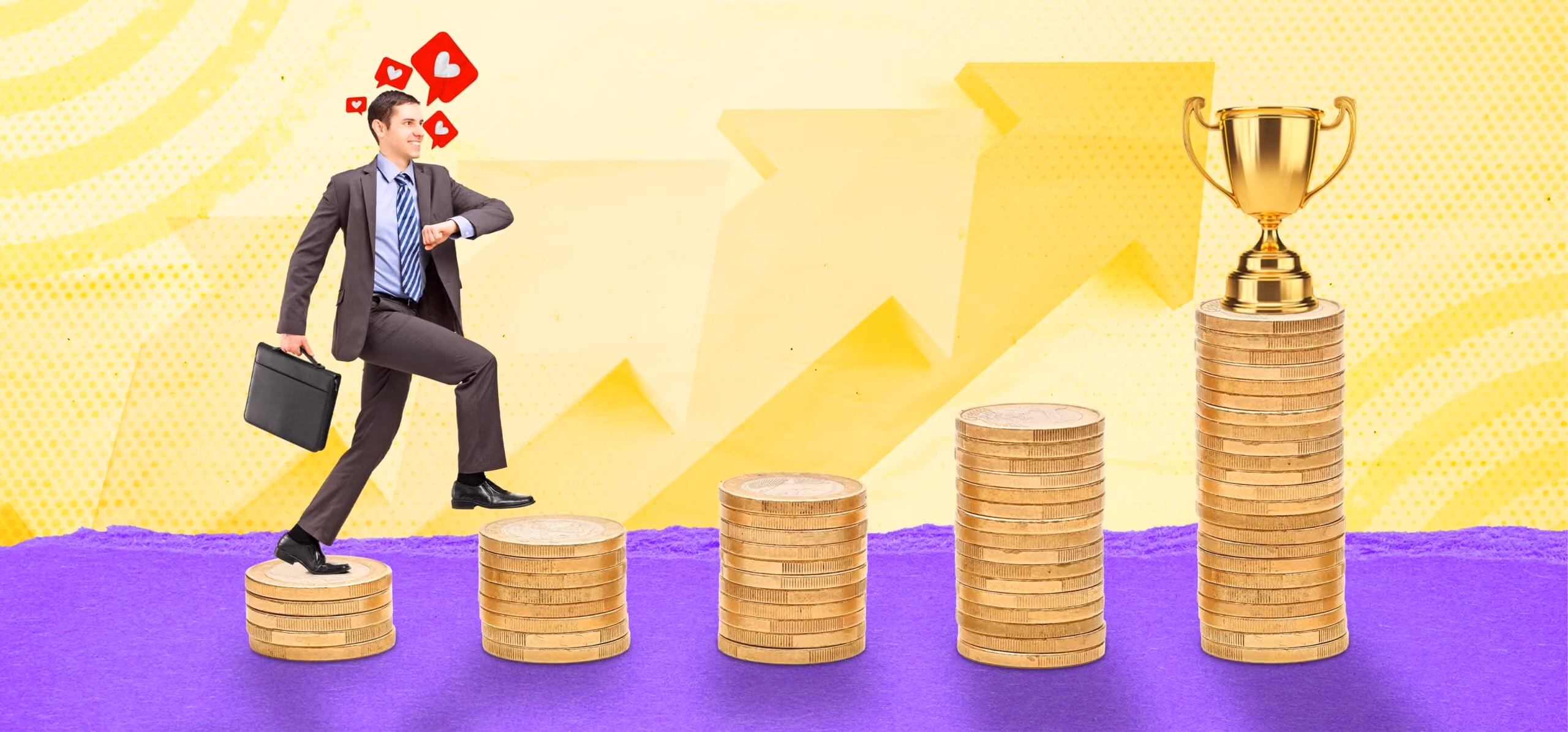 Businessman climbing stacked coins toward a trophy, symbolizing financial growth and success.