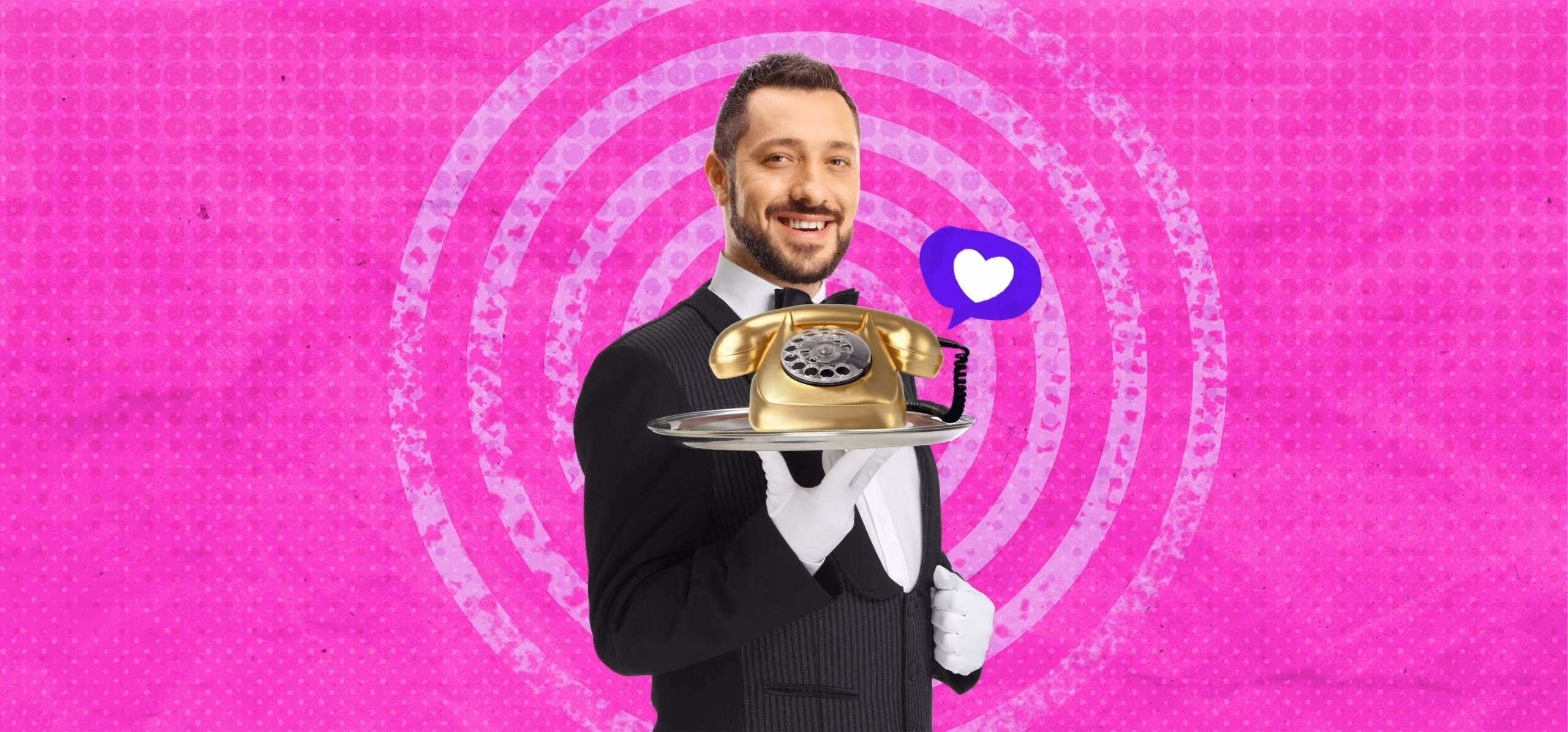 Smiling waiter in tuxedo holding tray with golden rotary phone and heart speech bubble on pink background.