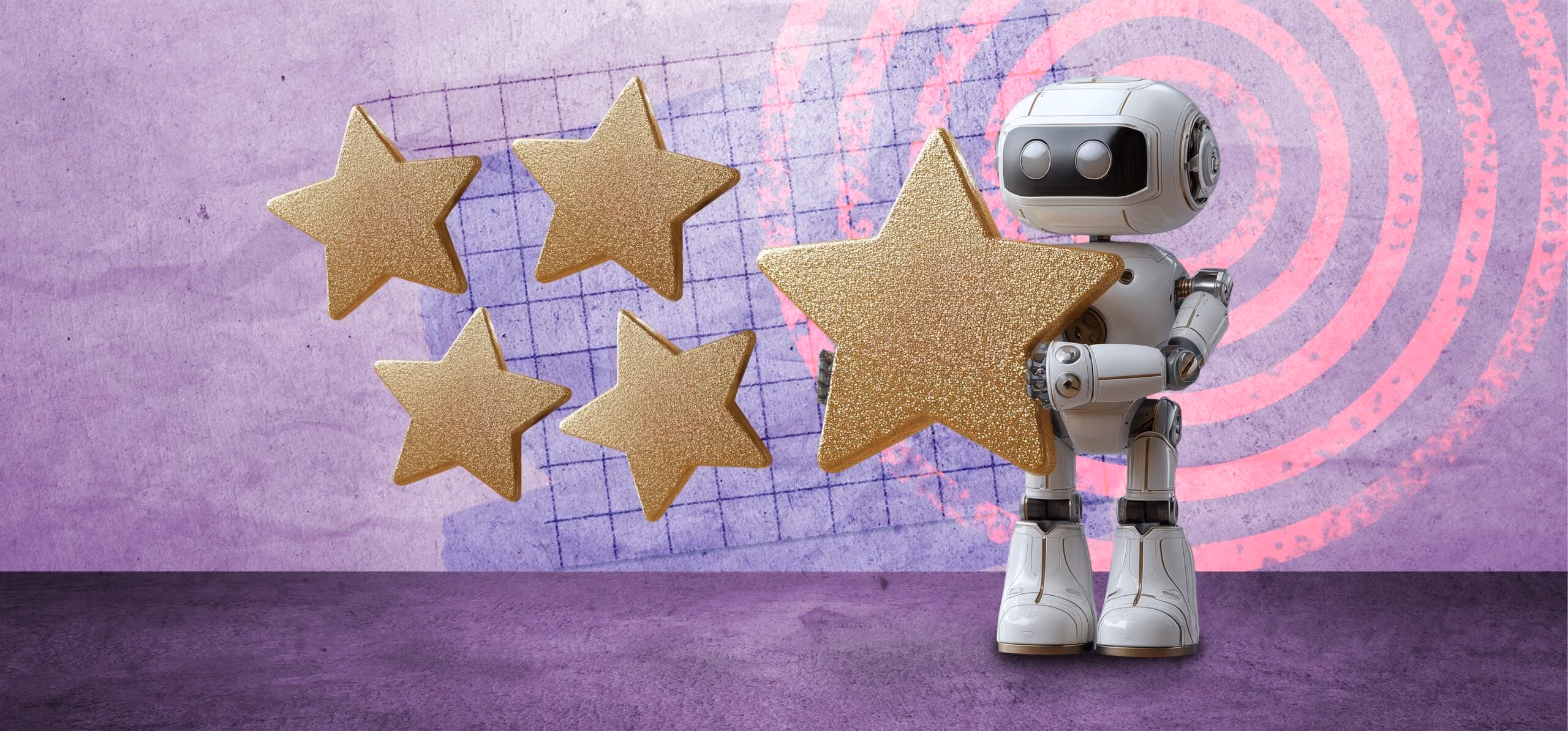 White robot holding a large gold star with four smaller gold stars floating beside it on purple background.
