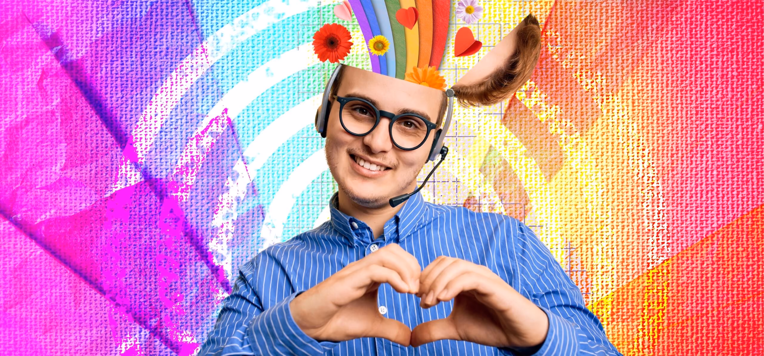 Smiling man in glasses and headset forming heart with hands with colorful, vibrant abstract background.