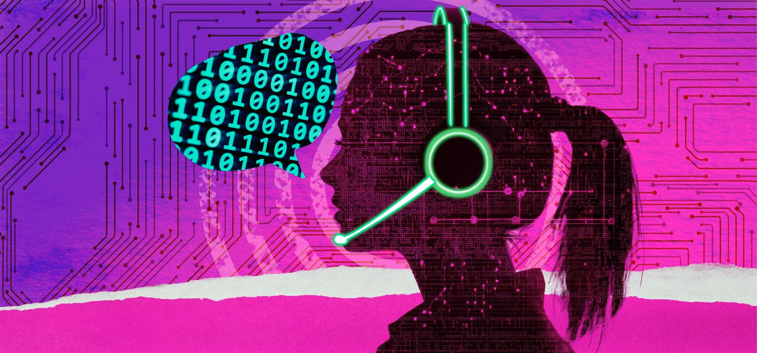 Silhouette of a woman with headset speaking binary code in a speech bubble over circuit board background.