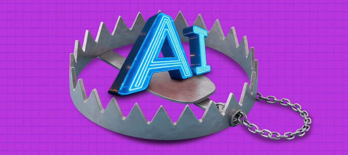 Metal bear trap holding glowing blue letters AI on a purple grid background.