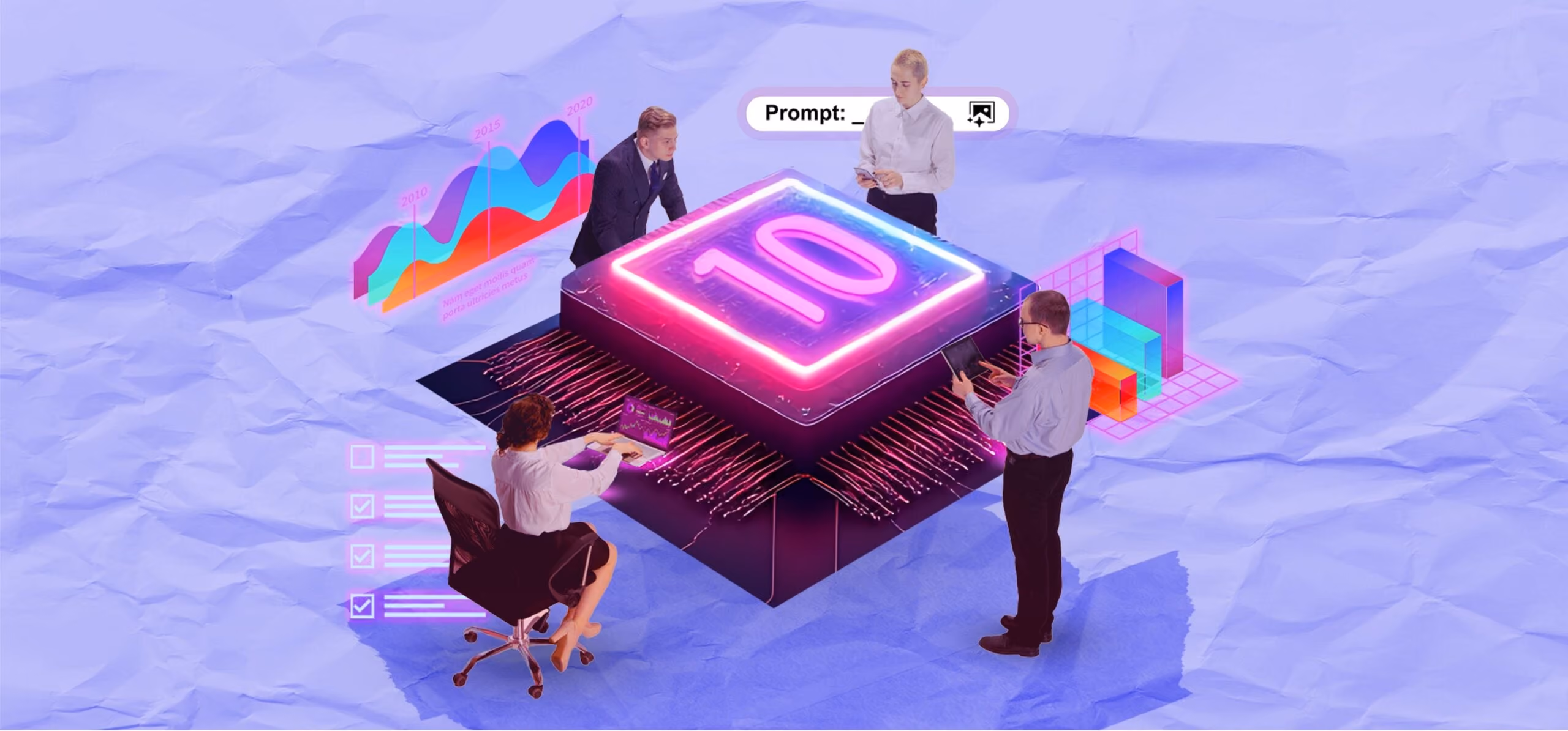 Four people interacting with a glowing neon number 10 chip surrounded by data charts and checklists.