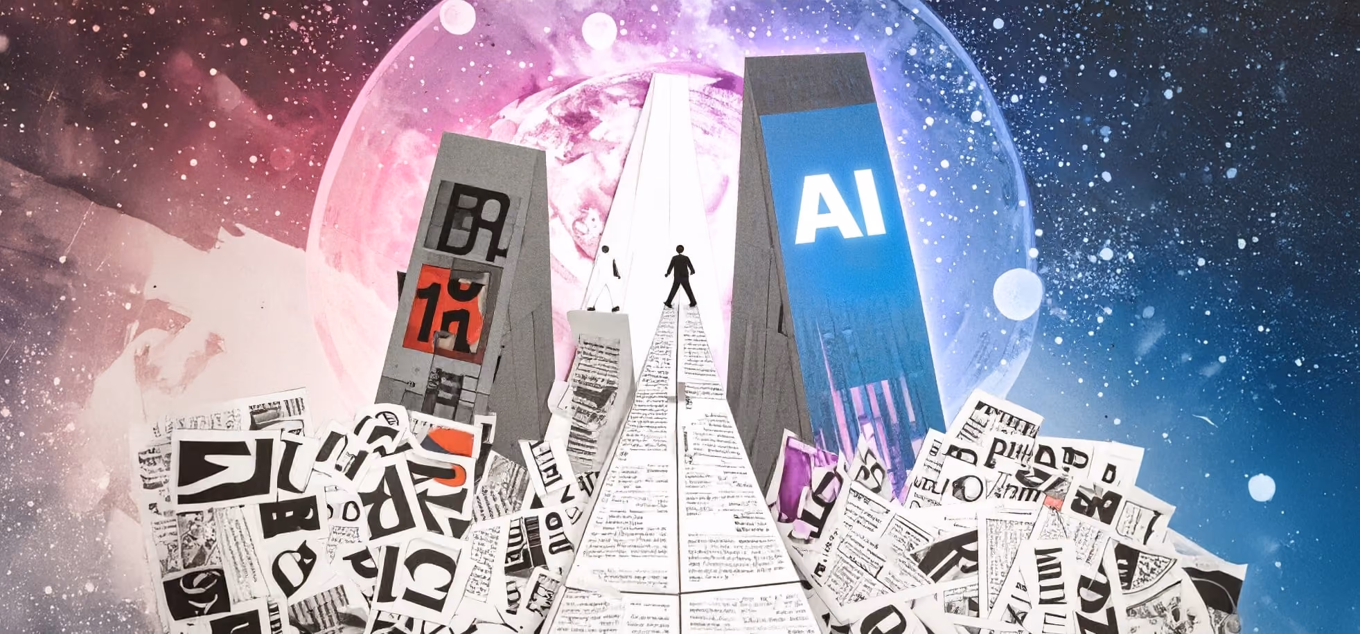 Two figures walk up illuminated paper paths between buildings with AI and data themes under a cosmic sky.