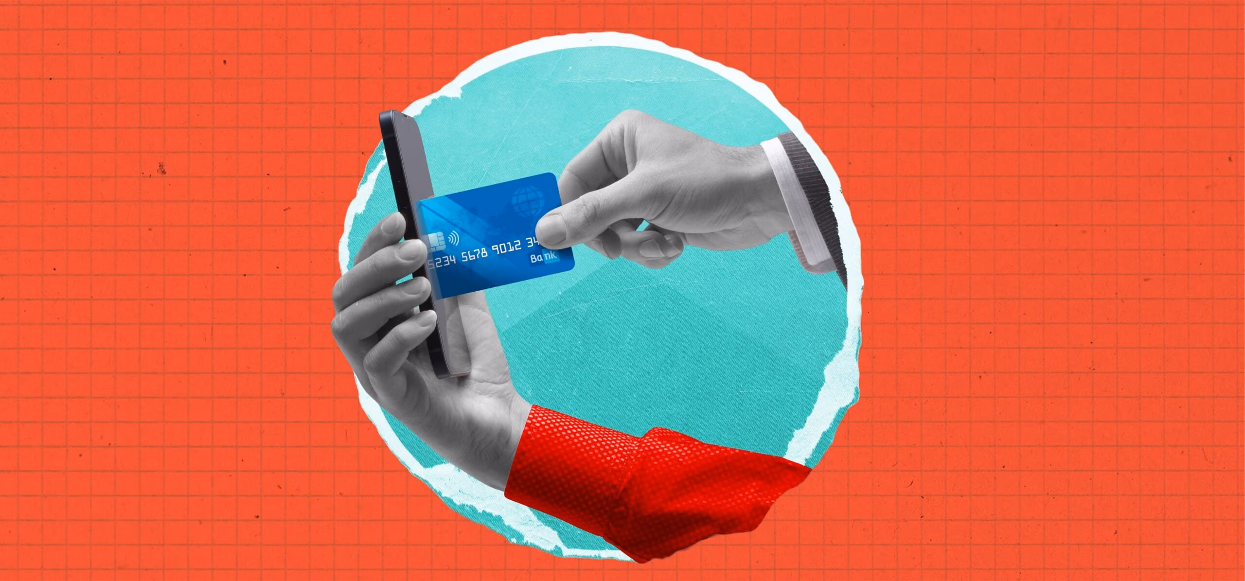 Hand holding a smartphone while another hand inserts a blue credit card into it against a red and teal background.