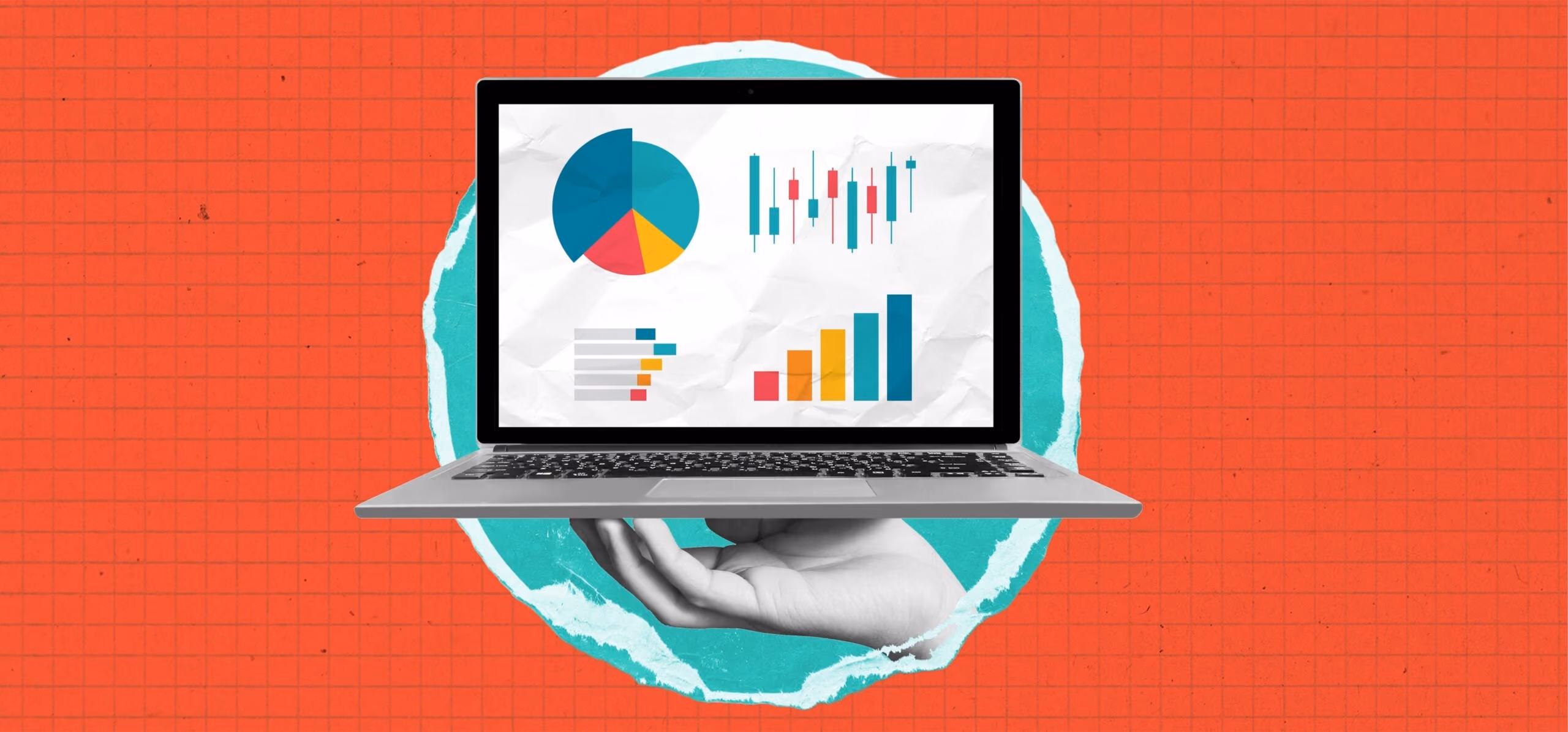 Hand holding a laptop showing charts: pie, candlestick, bar, and horizontal bar on a red grid background.