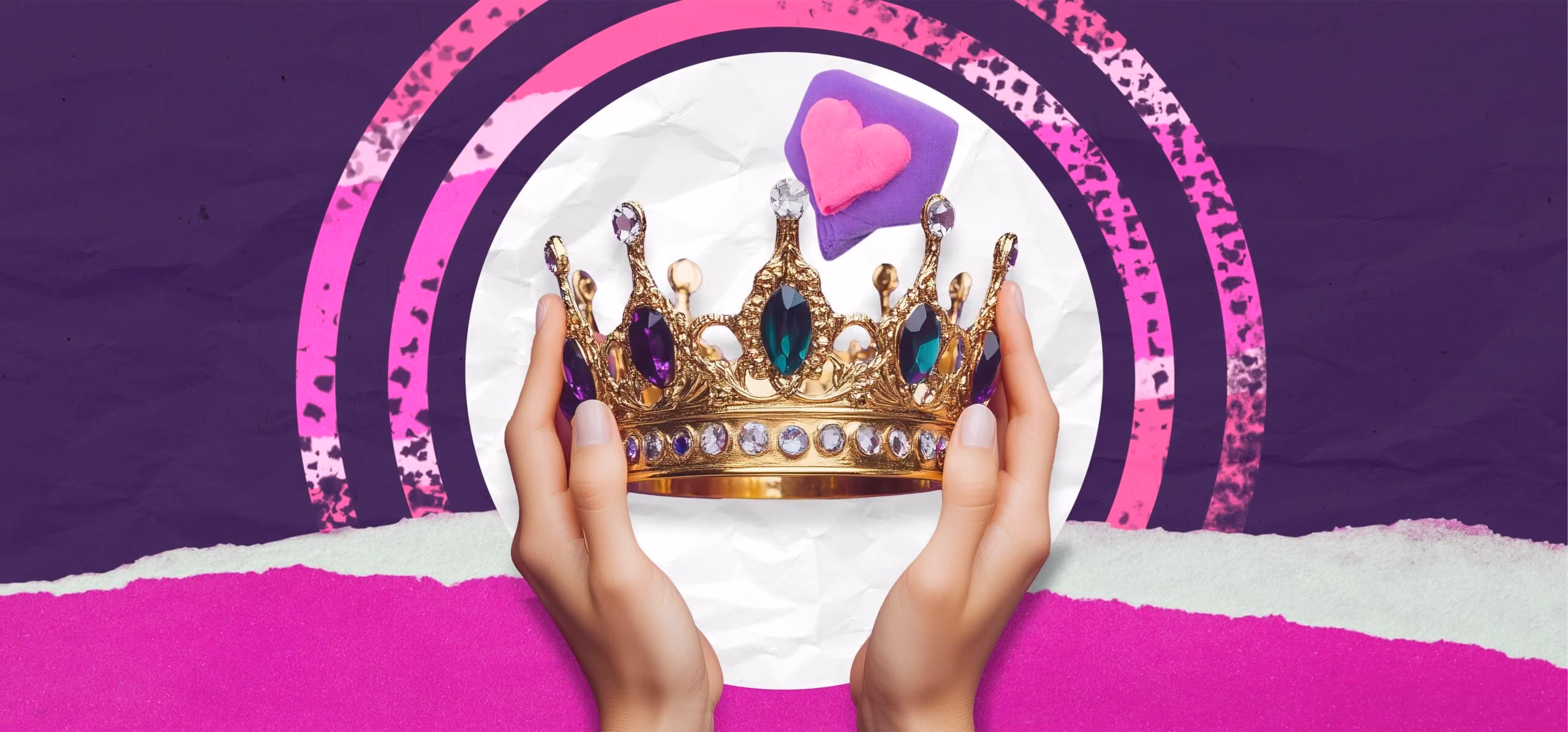 Two hands holding a jeweled gold crown against a purple background with pink and white circles.